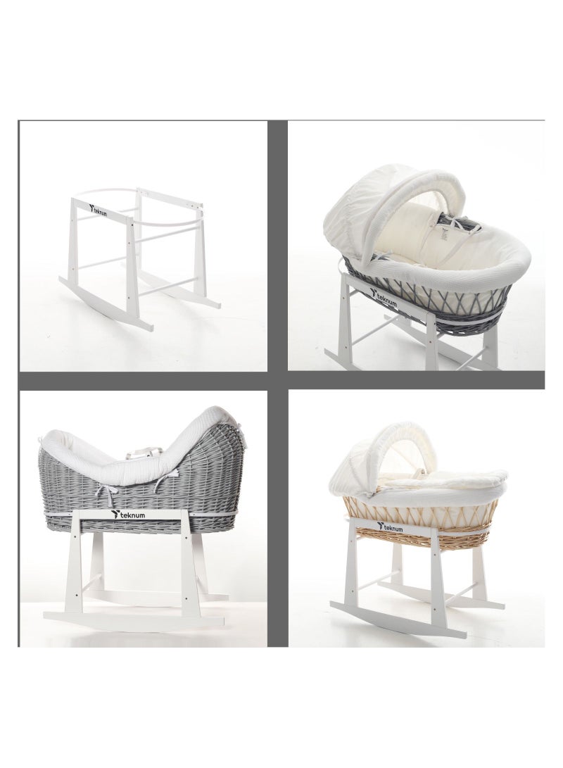 Infant Wicker Moses Basket With White Waffle Beddings - Wooden Grey