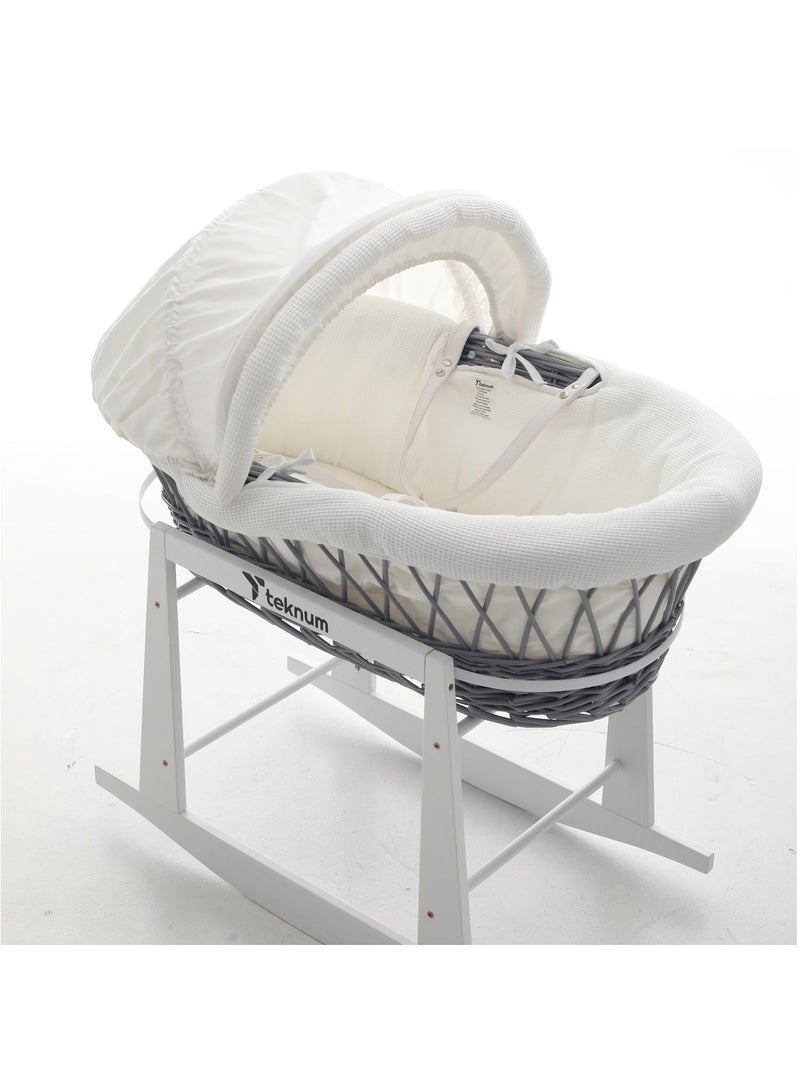 Infant Wicker Moses Basket With White Waffle Beddings - Wooden Grey