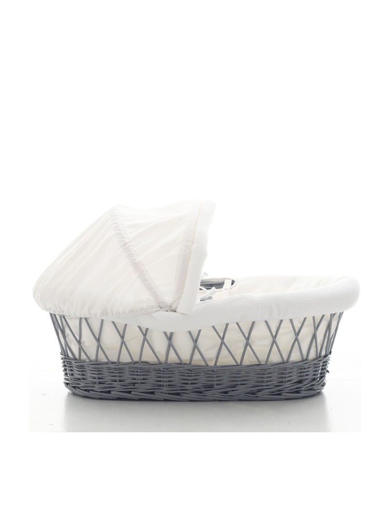 Infant Wicker Moses Basket With White Waffle Beddings - Wooden Grey