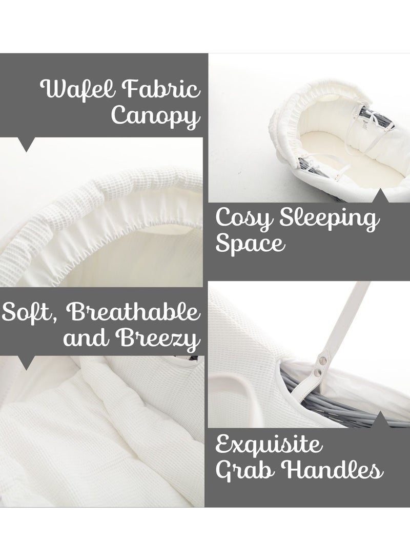 Infant Wicker Moses Basket With White Waffle Beddings - Wooden Grey