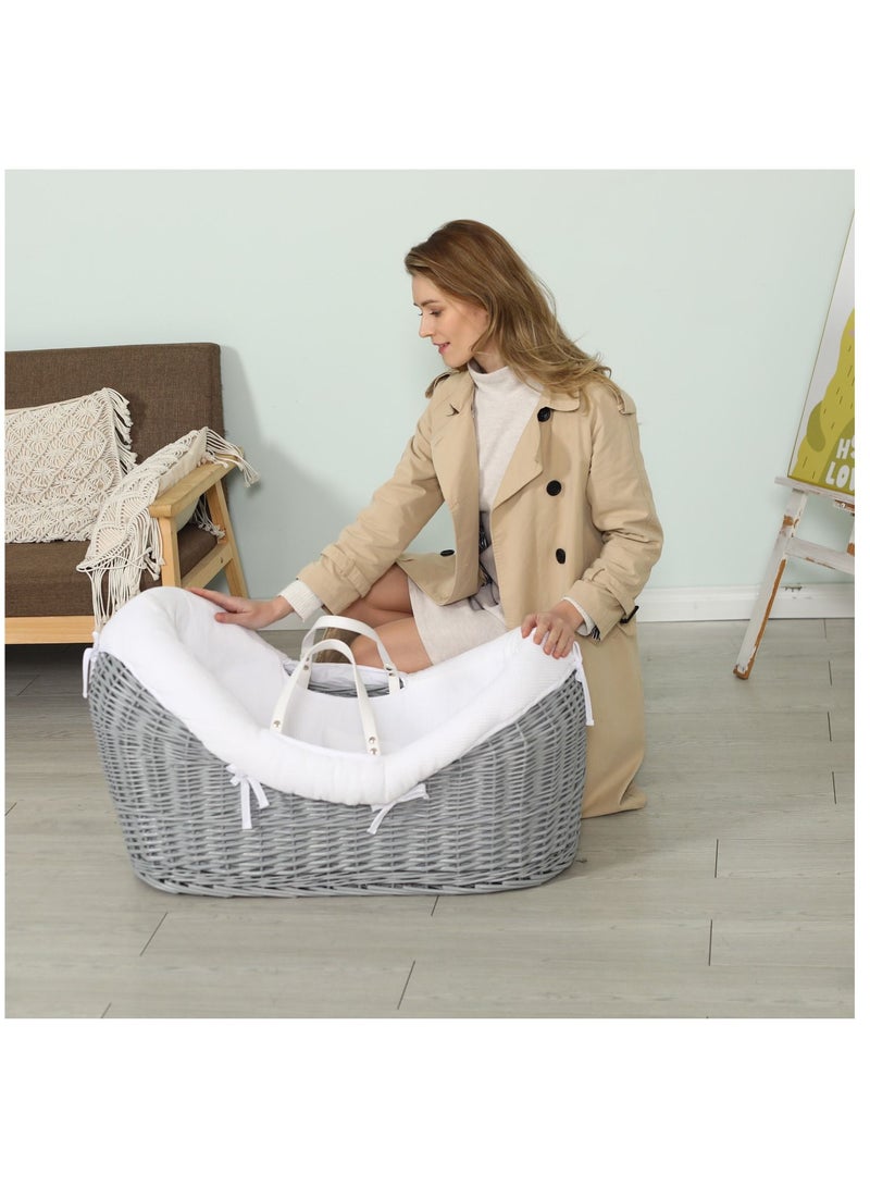 Infant Wicker Pod Moses Basket With White Waffle Beddings - Wooden Grey
