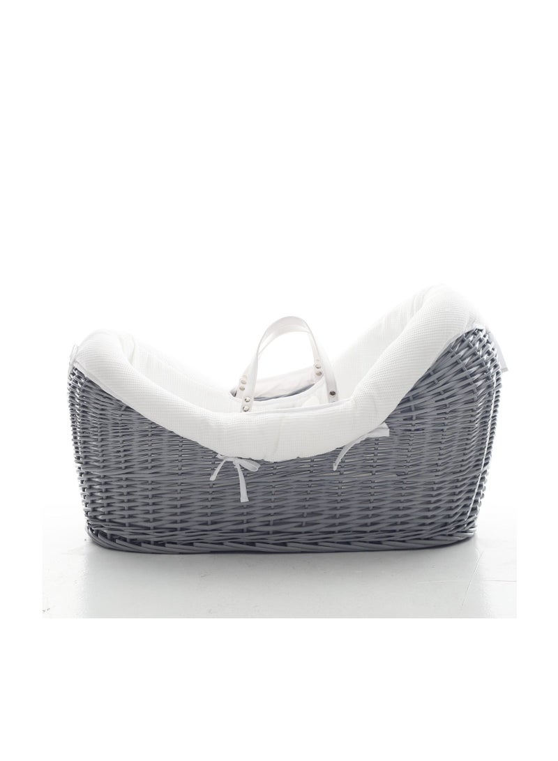 Infant Wicker Pod Moses Basket With White Waffle Beddings - Wooden Grey