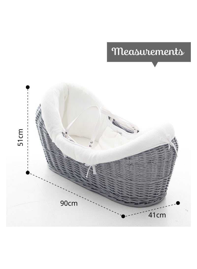 Infant Wicker Pod Moses Basket With White Waffle Beddings - Wooden Grey