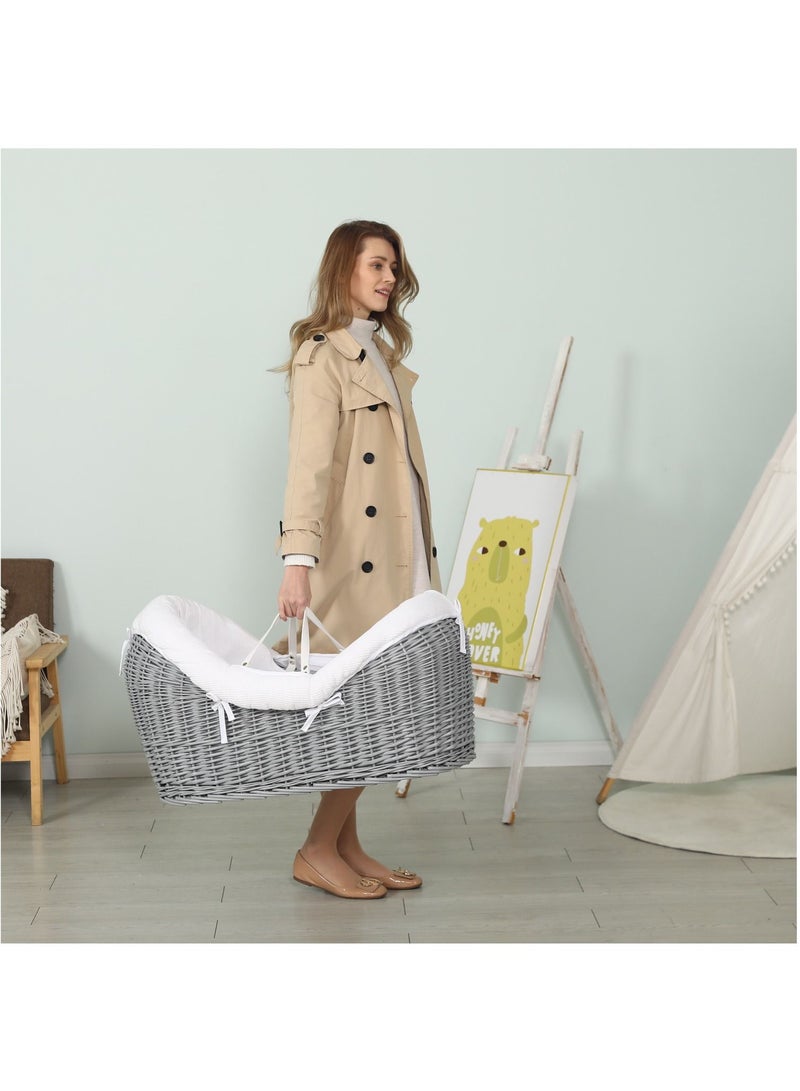 Infant Wicker Pod Moses Basket With White Waffle Beddings - Wooden Grey