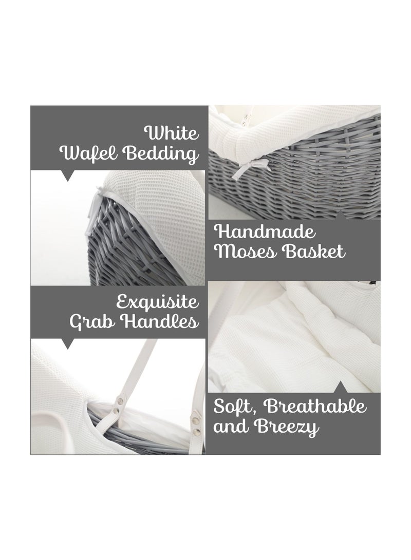 Infant Wicker Pod Moses Basket With White Waffle Beddings - Wooden Grey