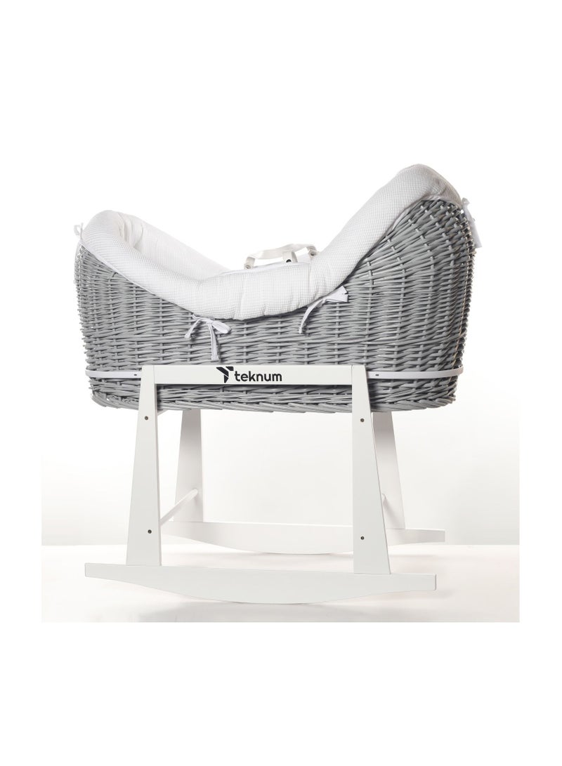 Infant Wicker Pod Moses Basket With White Waffle Beddings And White Rocker Stand - Wooden Grey