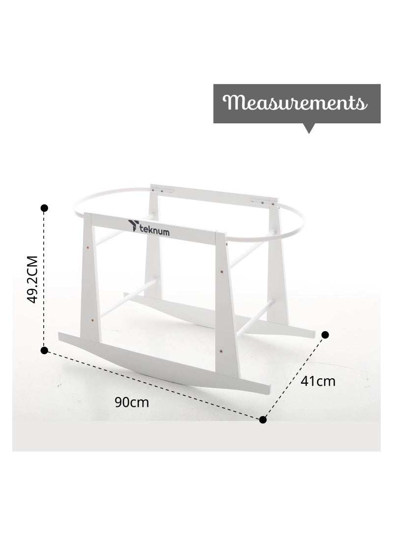 Infant Wicker Moses Basket With White Waffle Beddings And White Rocker Stand - Wooden Grey