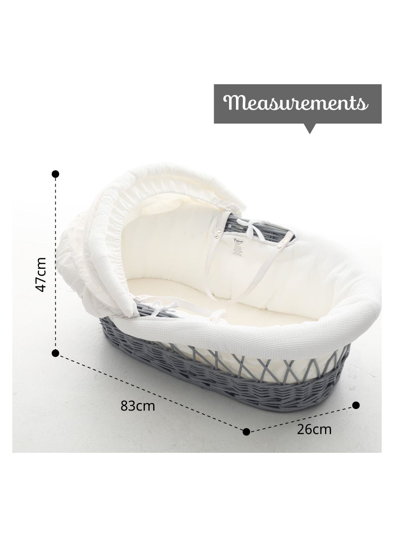 Infant Wicker Moses Basket With White Waffle Beddings And White Rocker Stand - Wooden Grey