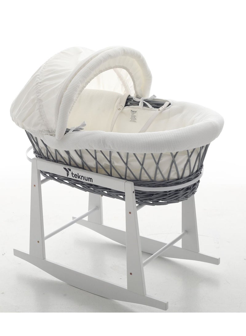 Infant Wicker Moses Basket With White Waffle Beddings And White Rocker Stand - Wooden Grey