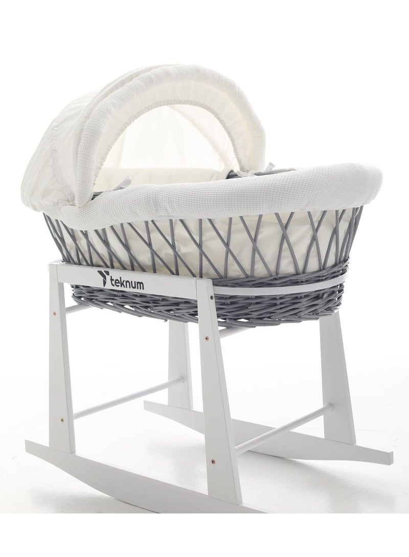 Infant Wicker Moses Basket With White Waffle Beddings And White Rocker Stand - Wooden Grey