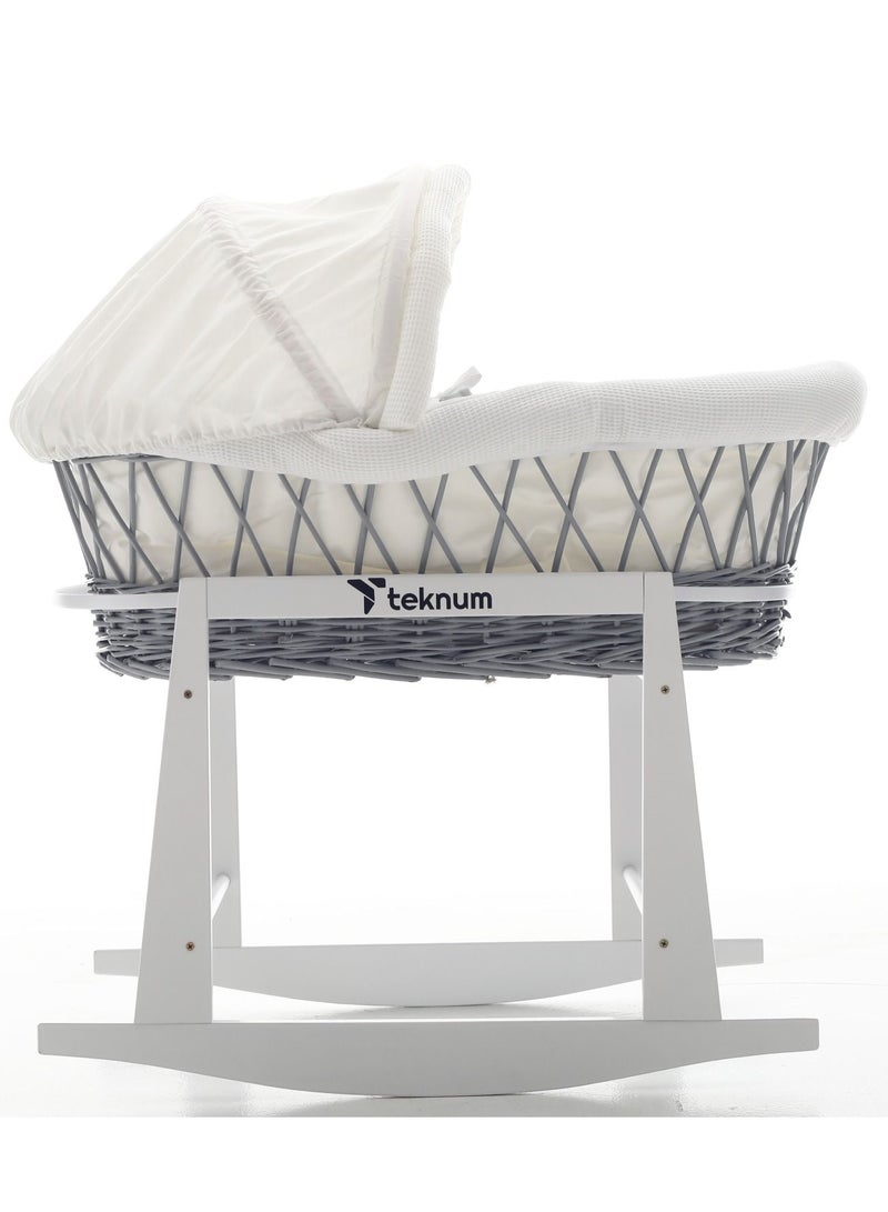 Infant Wicker Moses Basket With White Waffle Beddings And White Rocker Stand - Wooden Grey