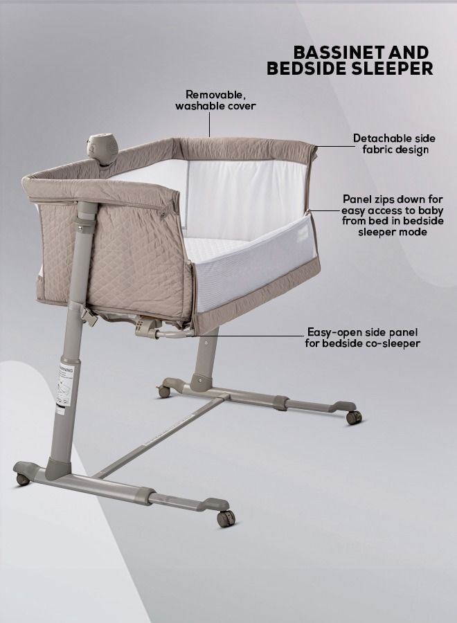 Cradella Cradle For Baby Cot Bedside Crib Portable Convertible Bassinet With Adjustable Height Wheels Mosquito Net Toys For Toddlers 0 To 18 Months Grey