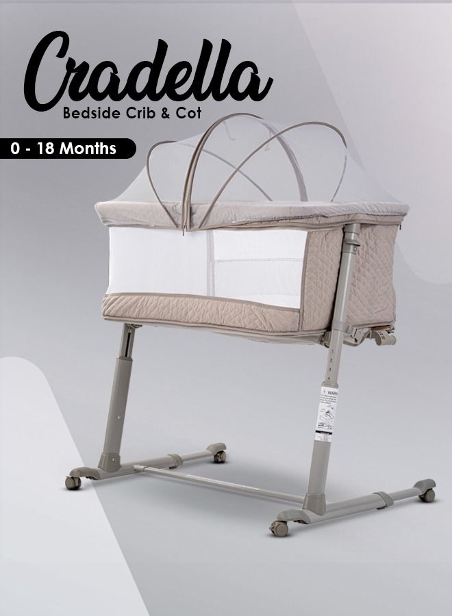 Cradella Cradle For Baby Cot Bedside Crib Portable Convertible Bassinet With Adjustable Height Wheels Mosquito Net Toys For Toddlers 0 To 18 Months Grey