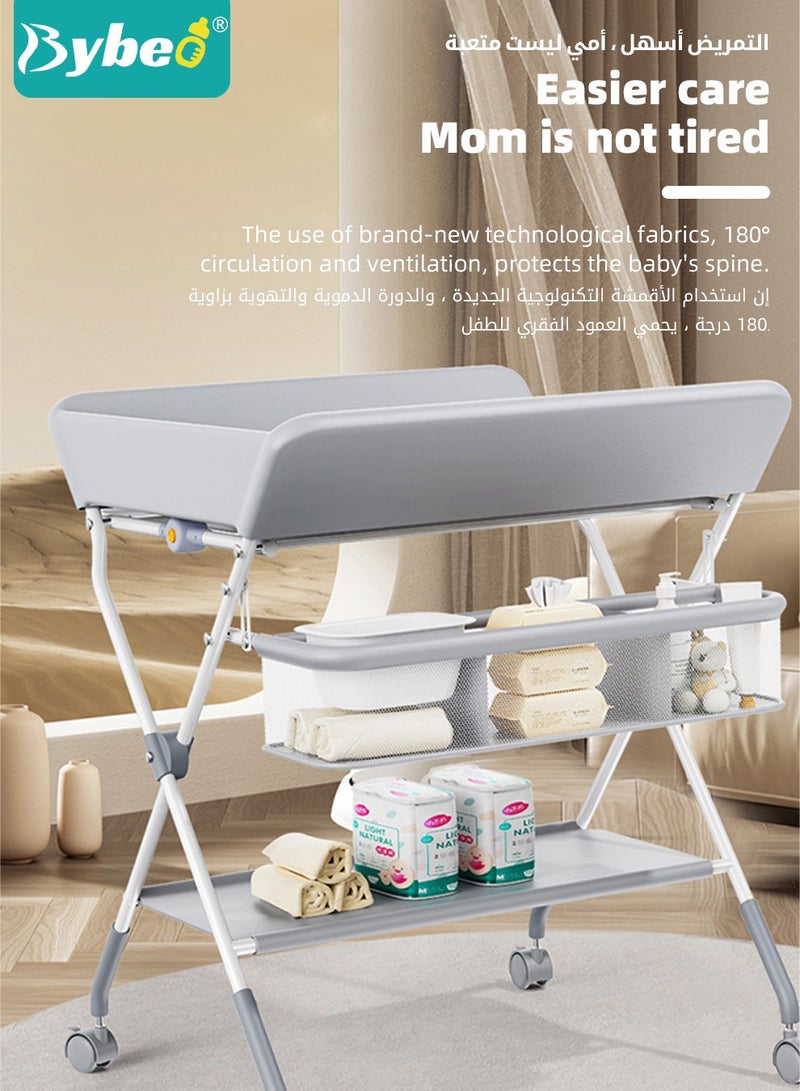 Baby Diaper Changing Table, Foldable Infant Diaper Station with Wheels, Nursery Organizer for Newborns, Babies Dresser Changing Table with Storage Boxs, Strengthen Bottom and 3 Adjustable Heights