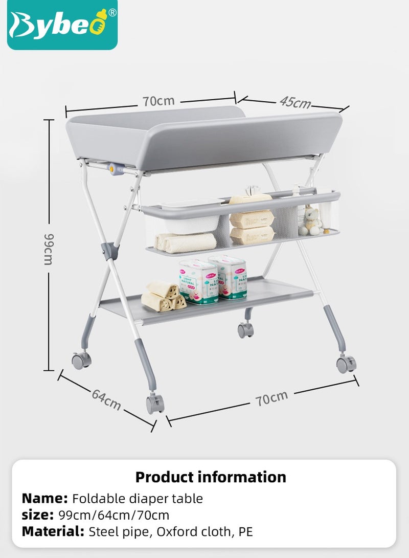 Baby Diaper Changing Table, Foldable Infant Diaper Station with Wheels, Nursery Organizer for Newborns, Babies Dresser Changing Table with Storage Boxs, Strengthen Bottom and 3 Adjustable Heights