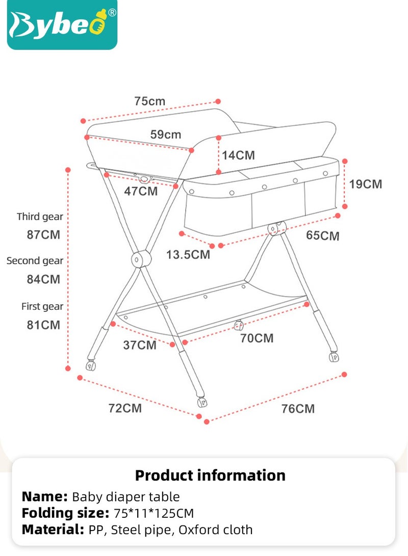 Baby Diaper Changing Table, Foldable Infant Diaper Station with Wheels, Nursery Organizer for Newborns, Babies Dresser Changing Table with Storage Boxs, Strengthen Bottom and 3 Adjustable Heights