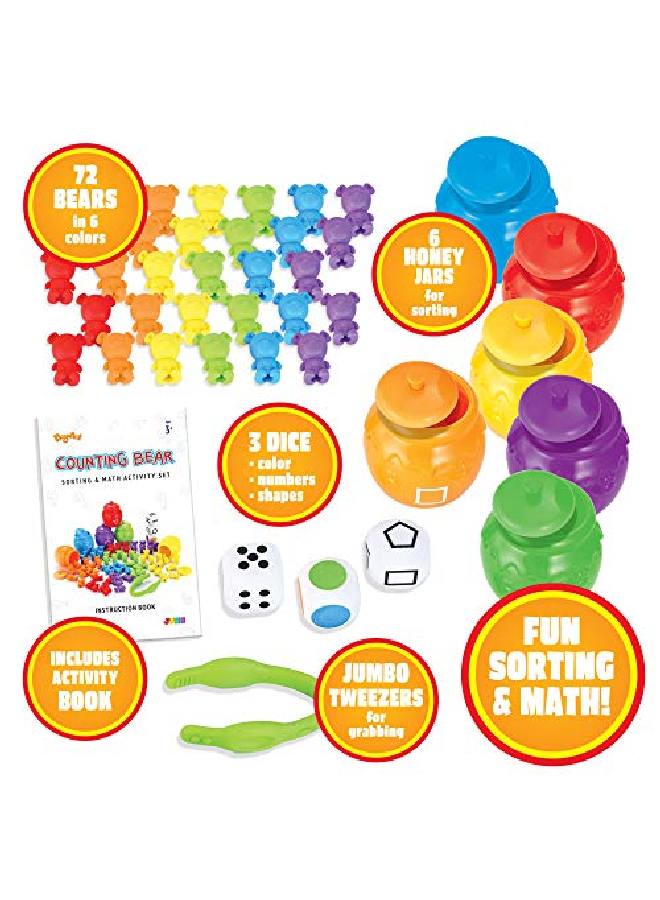 Playact Counting Sorting Bears Toy Set With Matching Sorting Cups Toddler Game For Preschool Learning Color Recognition Stem Educational Toy72 Bears Fine Motor Tool Dice And Activity Book