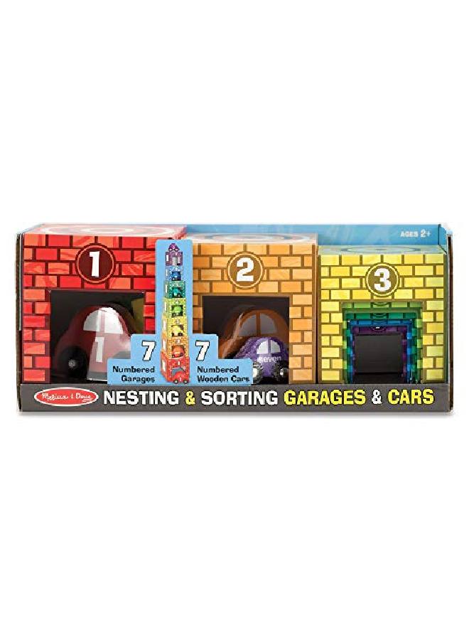 Nesting And Sorting Garages And Cars With 7 Graduated Garages And 7 Stackable Wooden Cars