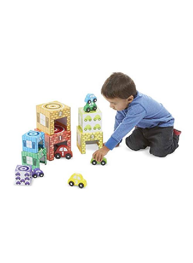 Nesting And Sorting Garages And Cars With 7 Graduated Garages And 7 Stackable Wooden Cars