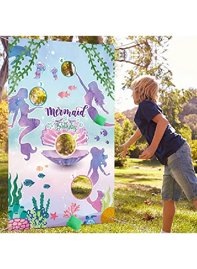 Mermaid Toss Games With 3 Bean Bags Blue Ocean Birthday Bean Bag Games Set Boys Girls Mermaid Backdrop Birthday Party Toss Games Banner Under Sea World Theme Photo Background For Outdoor Yard Game