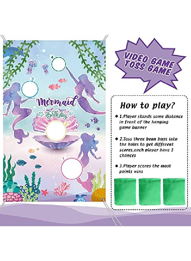 Mermaid Toss Games With 3 Bean Bags Blue Ocean Birthday Bean Bag Games Set Boys Girls Mermaid Backdrop Birthday Party Toss Games Banner Under Sea World Theme Photo Background For Outdoor Yard Game