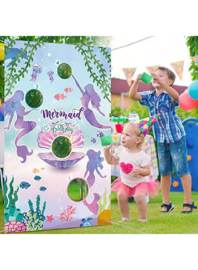 Mermaid Toss Games With 3 Bean Bags Blue Ocean Birthday Bean Bag Games Set Boys Girls Mermaid Backdrop Birthday Party Toss Games Banner Under Sea World Theme Photo Background For Outdoor Yard Game