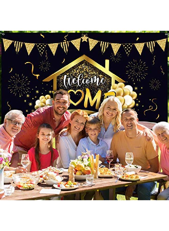 Welcome Home Party Decorations Supplies Homecoming Party Backdrop Welcome Back Home Banner Return Home Photography Background For Family Party Home Decoration Photo Booth Black Gold 70.8 X 43.3 Inch