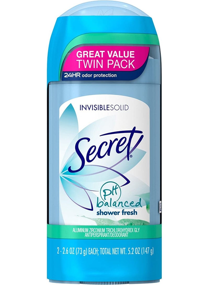 Secret Antiperspirant and Deodorant for Women, pH Balanced Invisible Solid, Shower Fresh Scent, 2.6 Oz Twin Pack