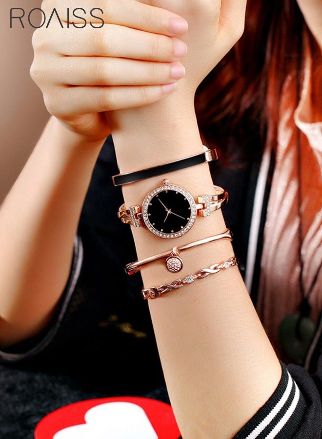 Elegant Rose Gold Watch and Bracelet Set for Women - Glitter Crystal Stainless Steel Wrist Watch with 3 Bracelets - Black