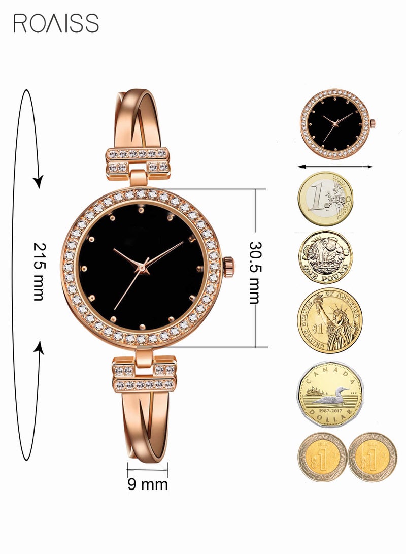 Elegant Rose Gold Watch and Bracelet Set for Women - Glitter Crystal Stainless Steel Wrist Watch with 3 Bracelets - Black