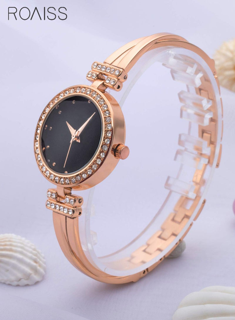 Elegant Rose Gold Watch and Bracelet Set for Women - Glitter Crystal Stainless Steel Wrist Watch with 3 Bracelets - Black