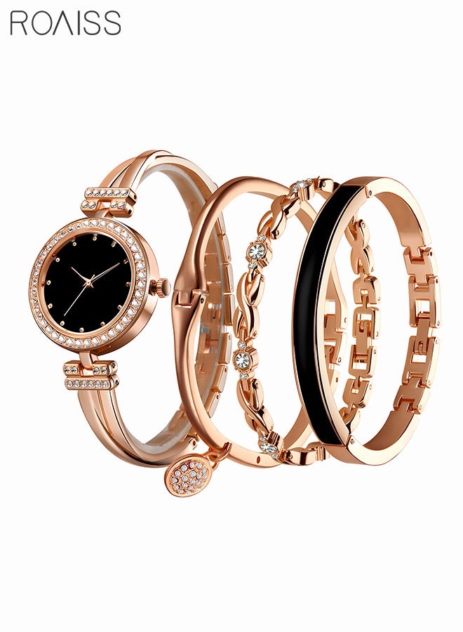 Elegant Rose Gold Watch and Bracelet Set for Women - Glitter Crystal Stainless Steel Wrist Watch with 3 Bracelets - Black