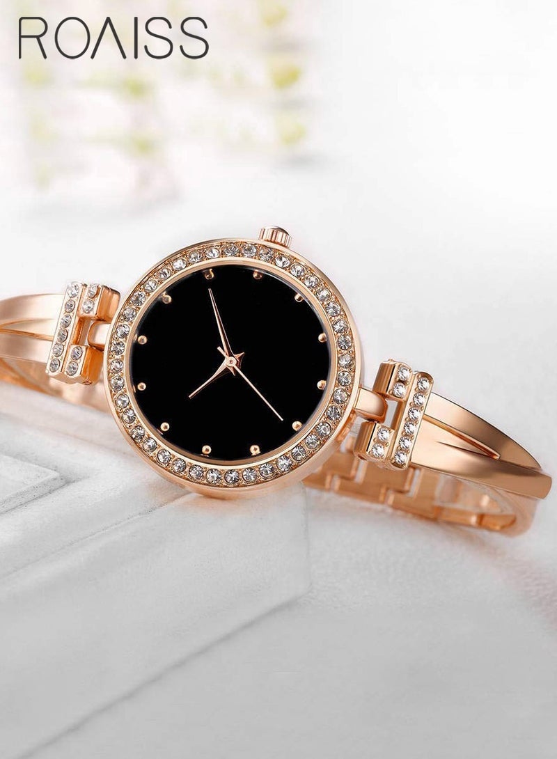 Elegant Rose Gold Watch and Bracelet Set for Women - Glitter Crystal Stainless Steel Wrist Watch with 3 Bracelets - Black