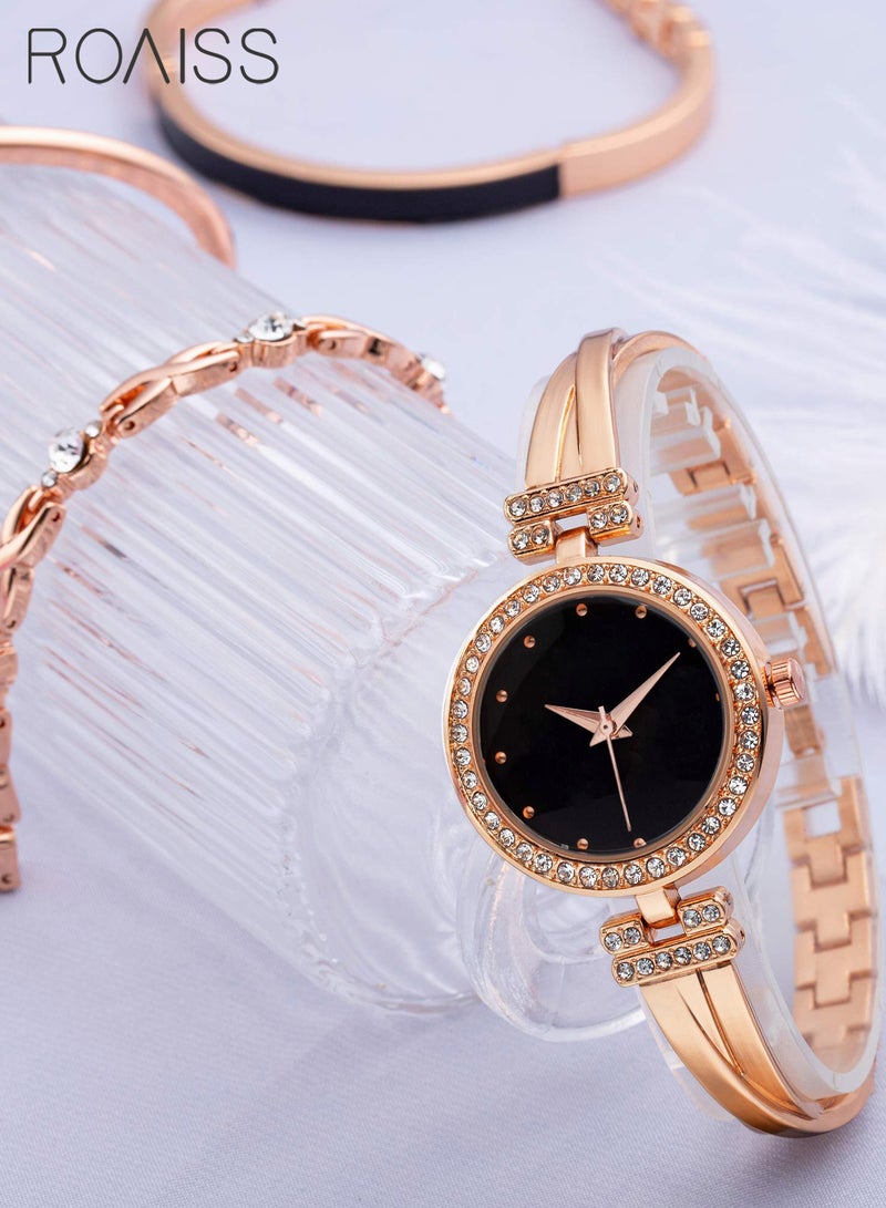 Elegant Rose Gold Watch and Bracelet Set for Women - Glitter Crystal Stainless Steel Wrist Watch with 3 Bracelets - Black