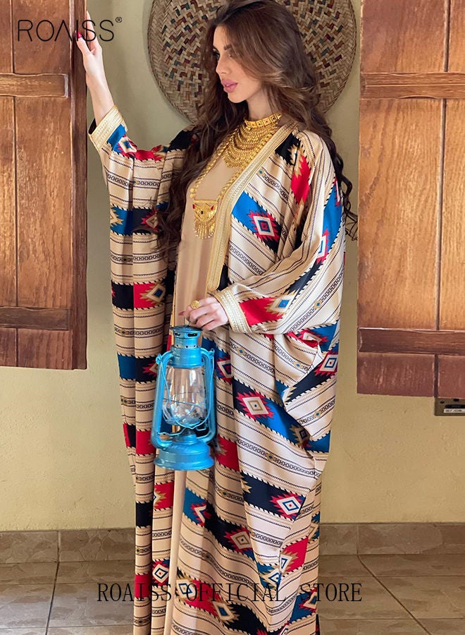 Women Muslim Abaya Dress Set Colorful Geometric Stripes Print Moroccan Kaftan Dubai Arab Ladies Two Pieces Dolman Sleeve Long Dress