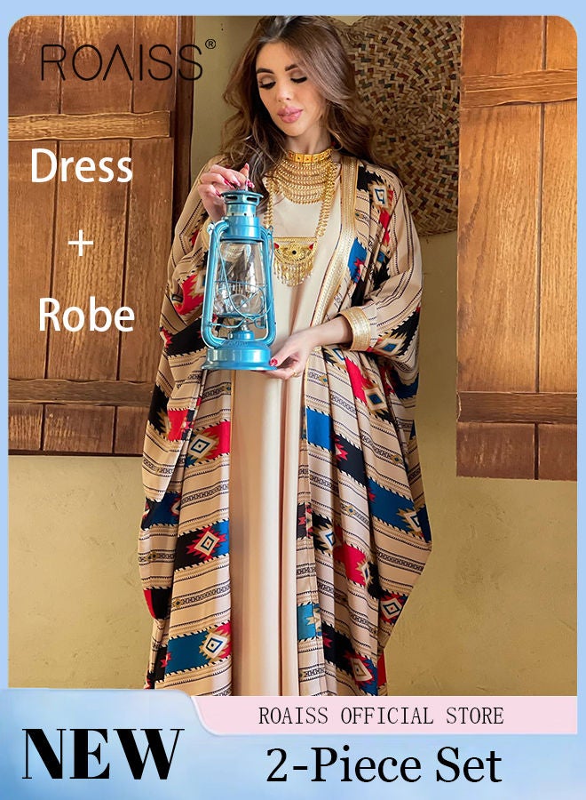 Women Muslim Abaya Dress Set Colorful Geometric Stripes Print Moroccan Kaftan Dubai Arab Ladies Two Pieces Dolman Sleeve Long Dress