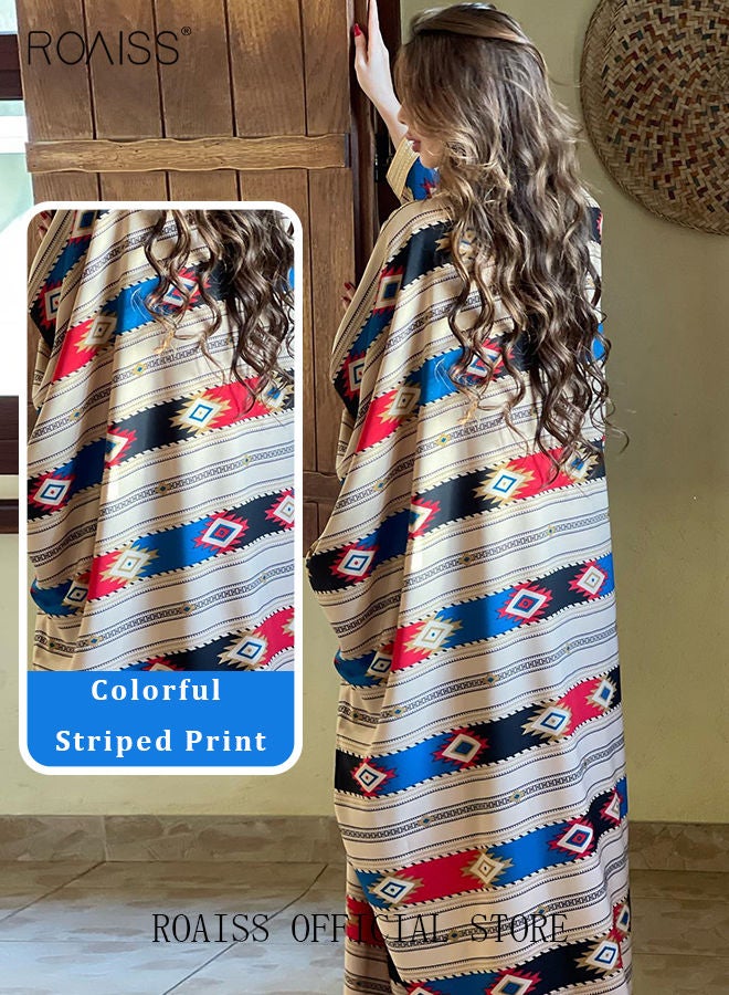 Women Muslim Abaya Dress Set Colorful Geometric Stripes Print Moroccan Kaftan Dubai Arab Ladies Two Pieces Dolman Sleeve Long Dress