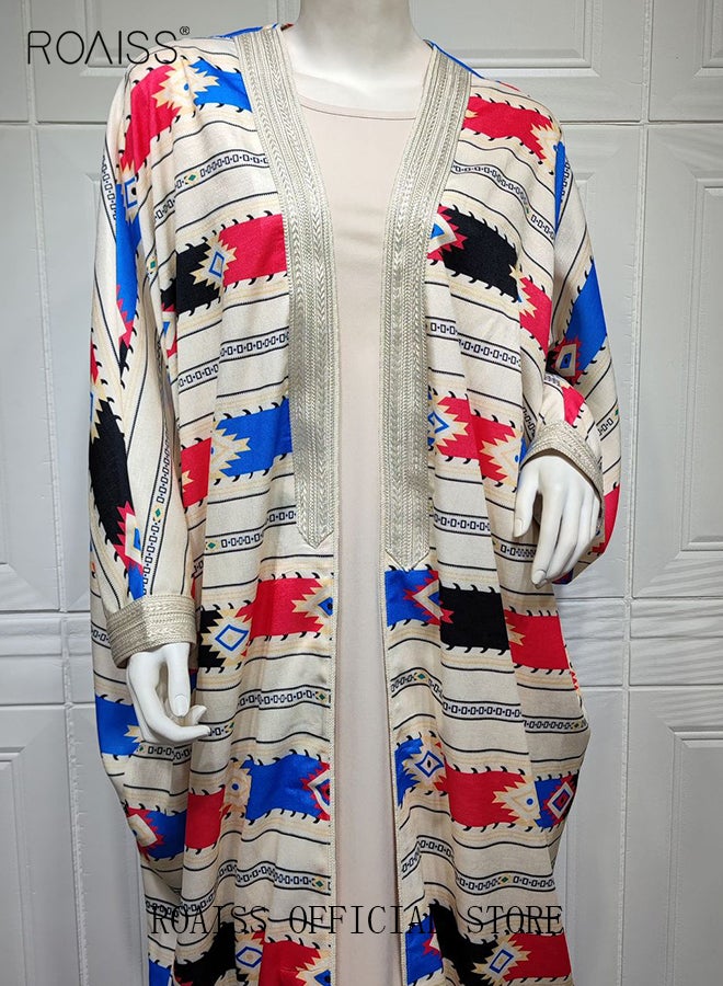 Women Muslim Abaya Dress Set Colorful Geometric Stripes Print Moroccan Kaftan Dubai Arab Ladies Two Pieces Dolman Sleeve Long Dress