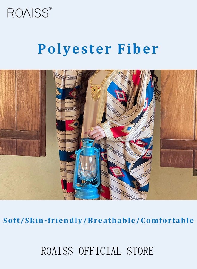 Women Muslim Abaya Dress Set Colorful Geometric Stripes Print Moroccan Kaftan Dubai Arab Ladies Two Pieces Dolman Sleeve Long Dress