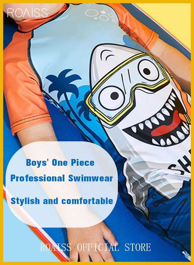 Toddler Boys One-Piece Shark Print Swimsuit Kids Swimwear Children Short Sleeves Swimming Clothing Beachwear Quick Dry Bathing Suit for Summer