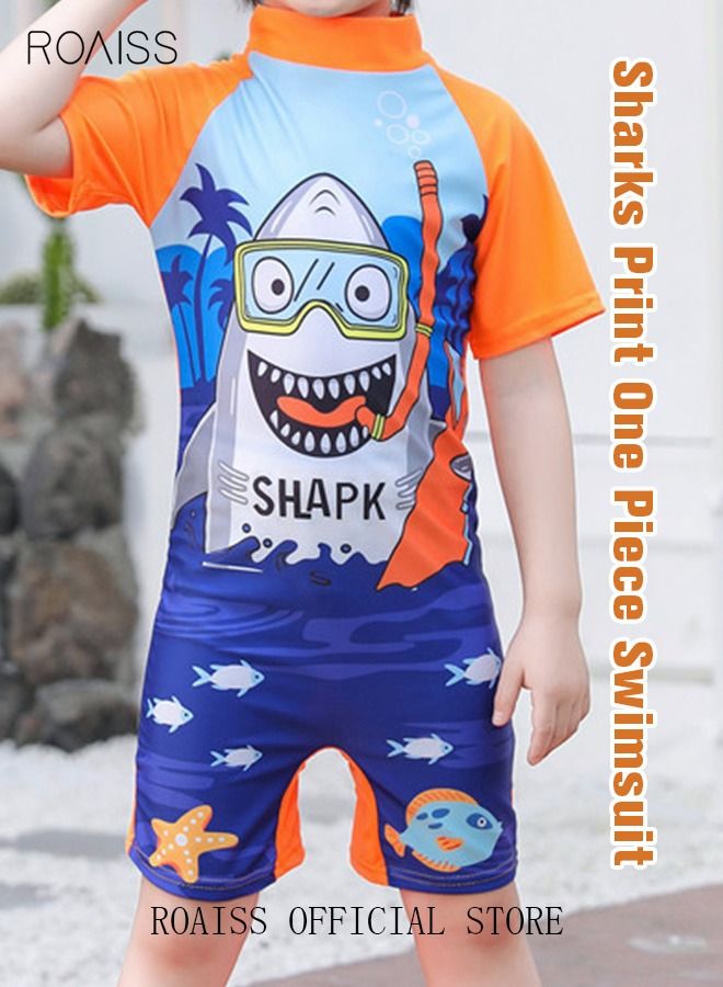 Toddler Boys One-Piece Shark Print Swimsuit Kids Swimwear Children Short Sleeves Swimming Clothing Beachwear Quick Dry Bathing Suit for Summer