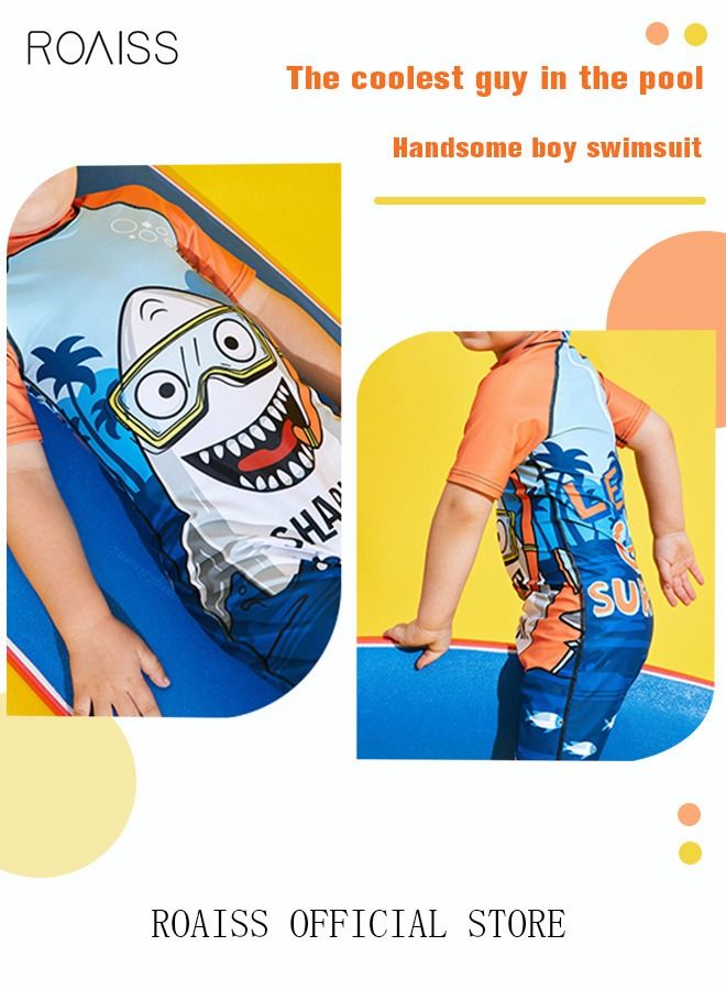 Toddler Boys One-Piece Shark Print Swimsuit Kids Swimwear Children Short Sleeves Swimming Clothing Beachwear Quick Dry Bathing Suit for Summer