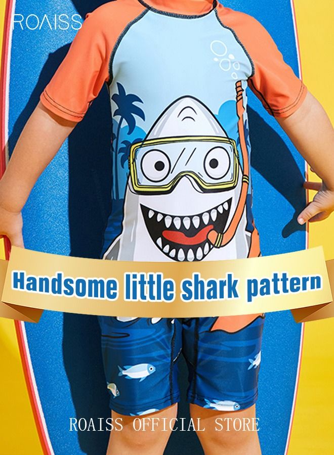 Toddler Boys One-Piece Shark Print Swimsuit Kids Swimwear Children Short Sleeves Swimming Clothing Beachwear Quick Dry Bathing Suit for Summer