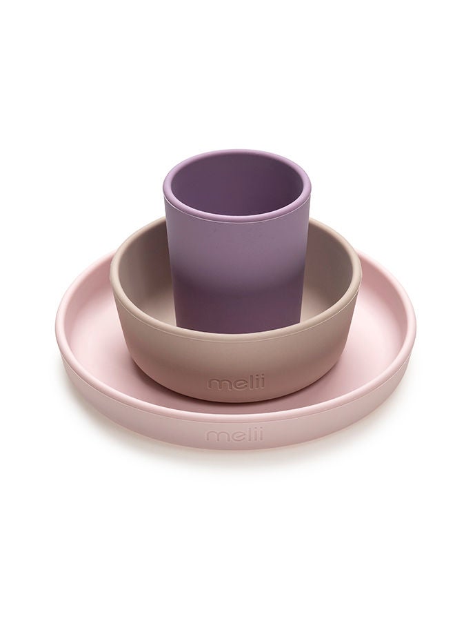 Non-Suction Silicone Plate, Bowl And Cup Set - Purple, Grey, Pink