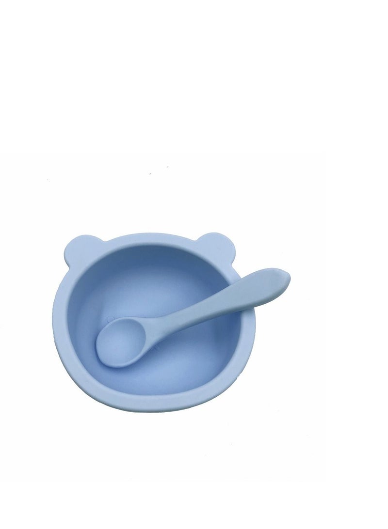 Little Mocha Silicone Baby Bear Suction Bowl with spoon Light Blue