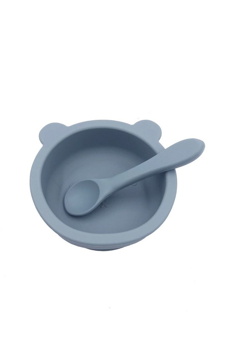 Little Mocha Silicone Baby Bear Suction Bowl with spoon Bluish Grey