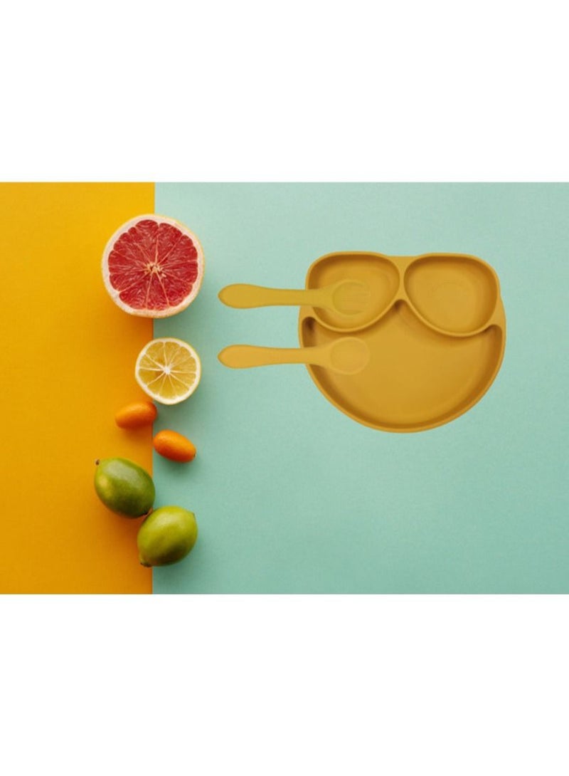 Little Mocha silicon frog plate yellow with spoon and fork