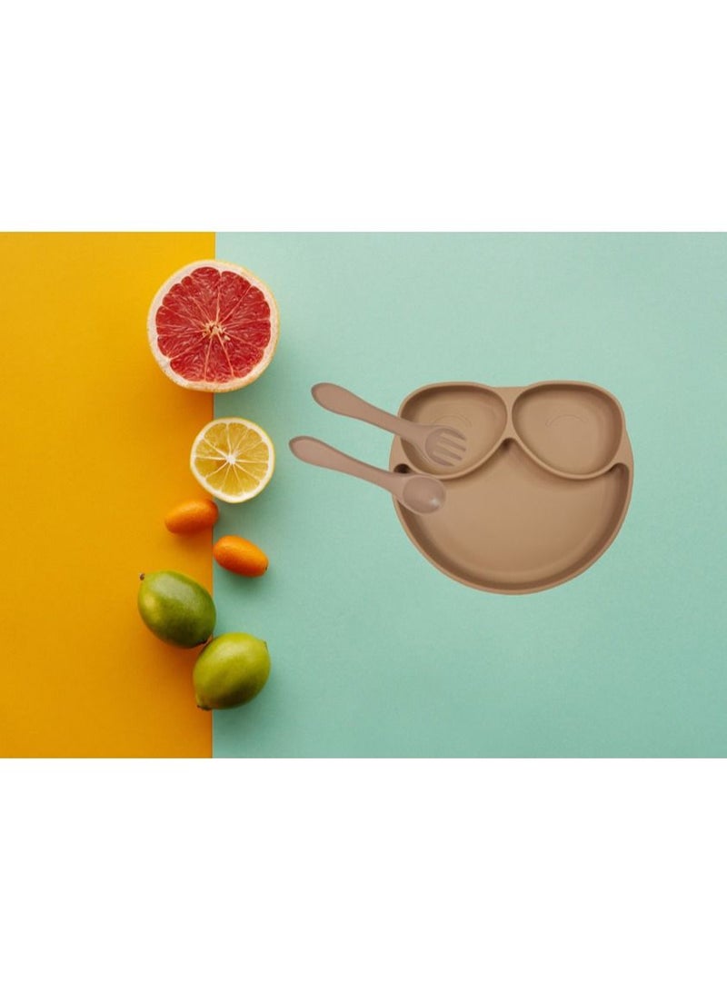 Little Mocha silicon frog plate khaki with spoon and fork
