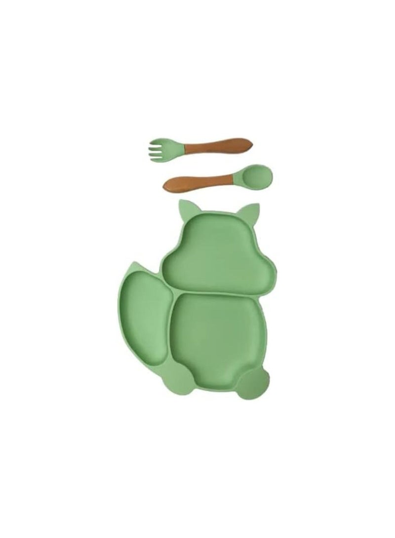 Little Mocha silicone squirrel plate spoon and fork olive green