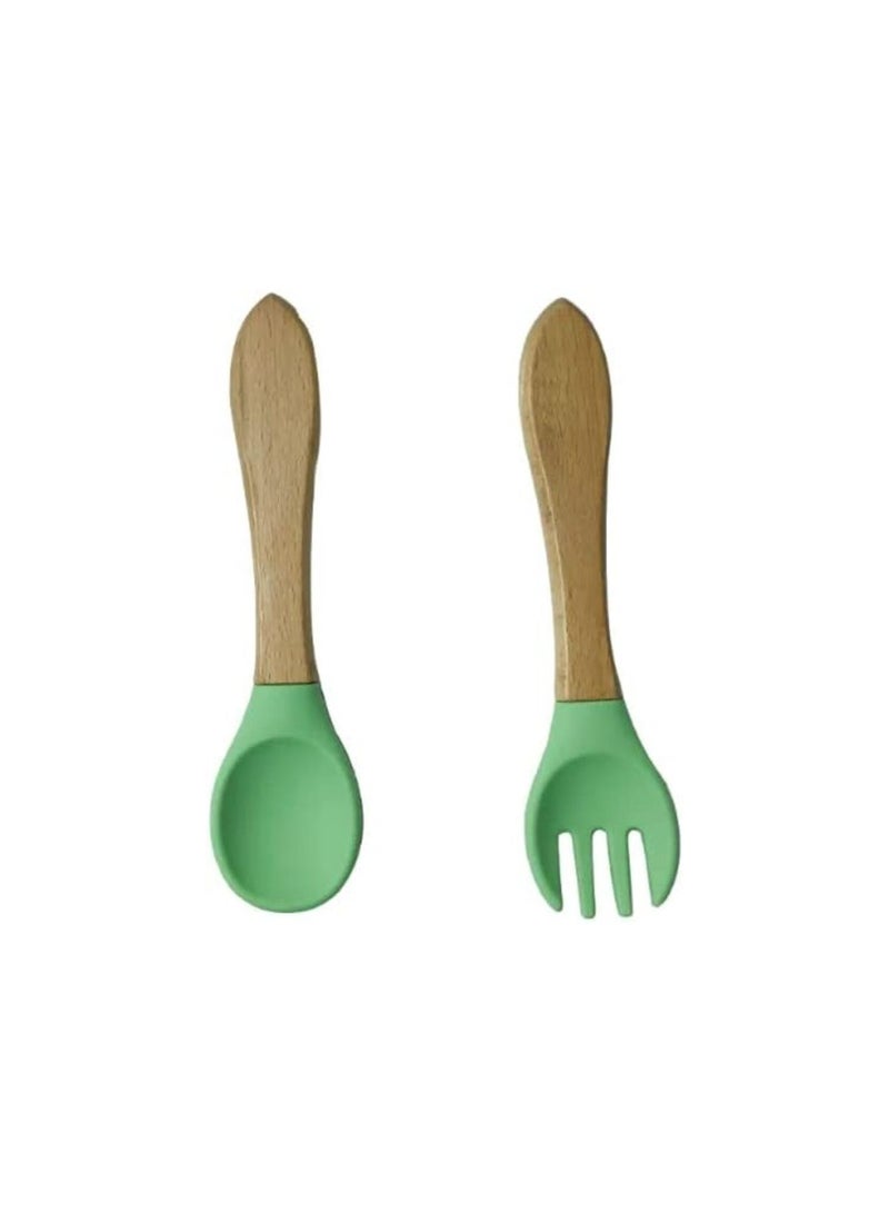 Little Mocha silicone squirrel plate spoon and fork olive green